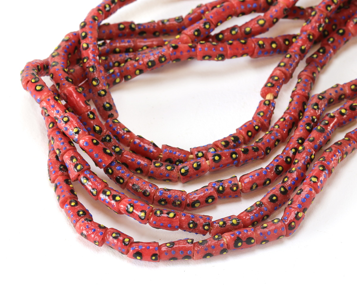 Java Glass Dark Pink w/Dots in Black/Blue/Yellow Tube 8-10x6mm