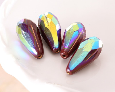 Czech Glass Cranberry AB w/ Copper Faceted Melon Teardrop 23x11mm