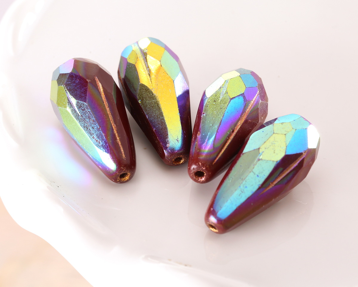 Czech Glass Cranberry AB w/ Copper Faceted Melon Teardrop 23x11mm