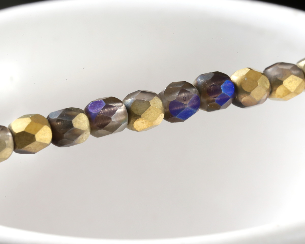 Czech Glass Matte Crystal w/ Blue Rainbow & Gold Fire Polished Round 4mm