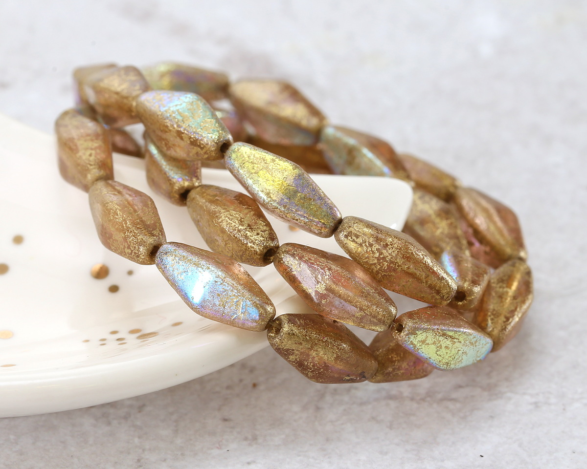 Czech Glass Textured Light Rose AB w/ Gold Rhombus 14x7mm