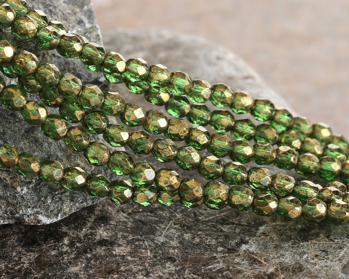 Czech Glass Bottle Green w/ Gold Luster Fire Polished Round 4mm