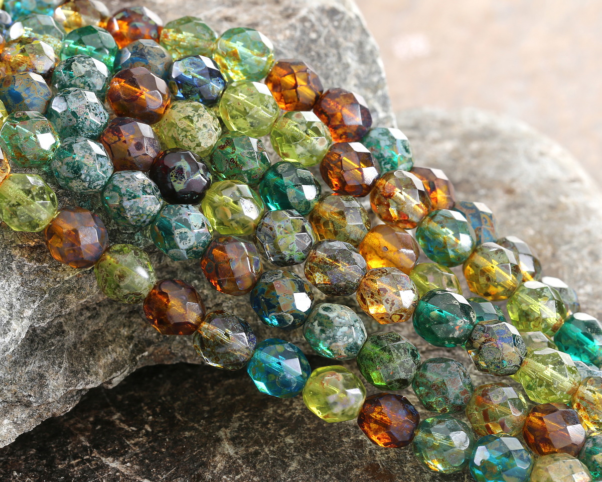 Czech Glass Pine Forest Multi Color Mix Picasso Fire Polished Round 8mm