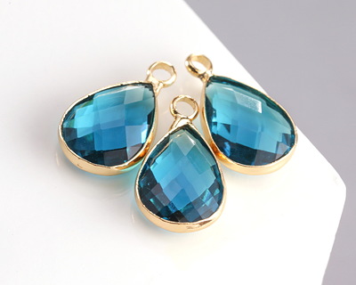 Pacific Blue Crystal Teardrop in Gold Finish Bezel 10.5x18mm