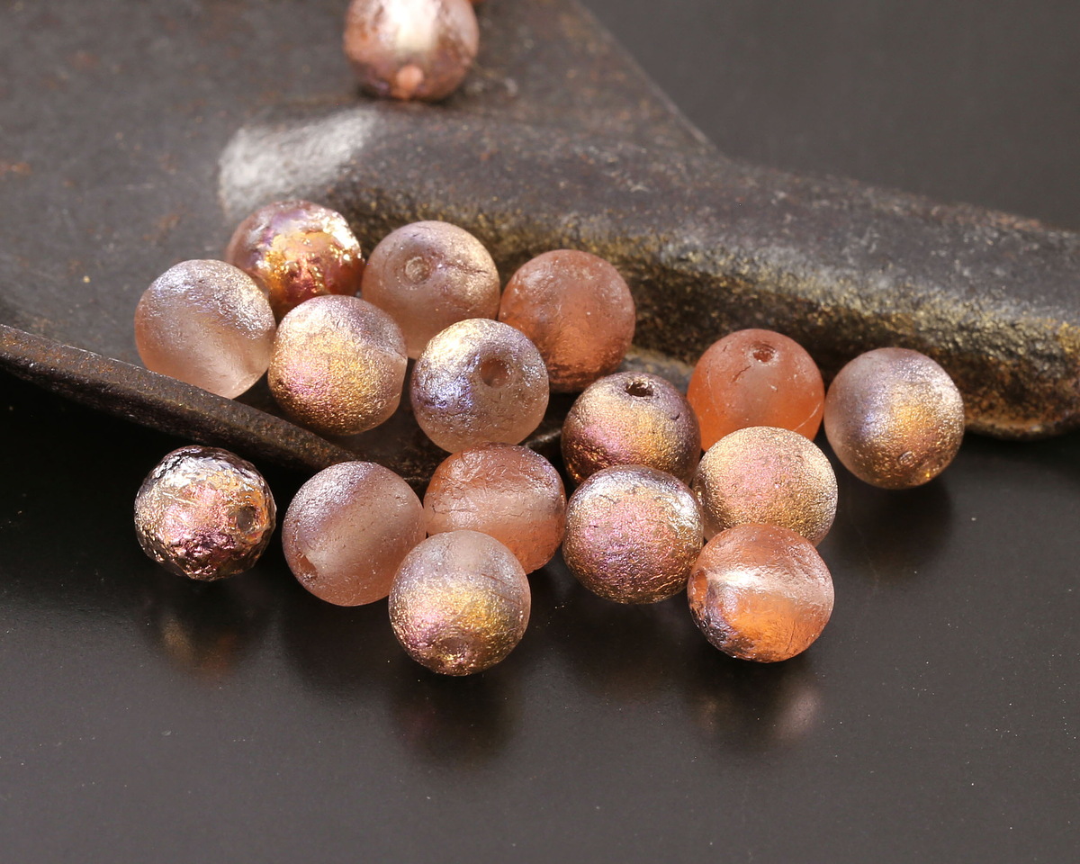 Czech Glass Textured Rosaline w/ Copper Rainbow Finish Round Druk 6mm