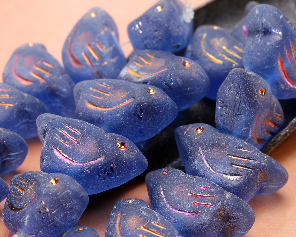 Czech Glass Matte Sapphire w/ Metallic Rainbow Bird 11x22mm