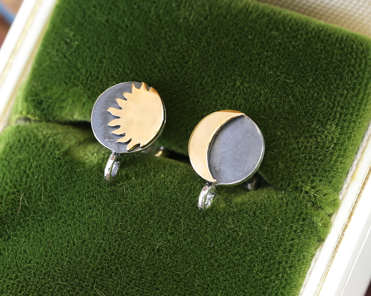 Nina Designs Sterling Silver Black Finish w/ Bronze Sun & Moon Post Earrings w/ Loop 8x11mm