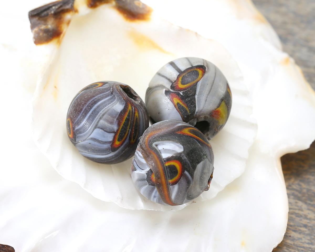 African Recycled Glass Swirled Grays w/ Red & Yellow Eyes Round 15-16mm