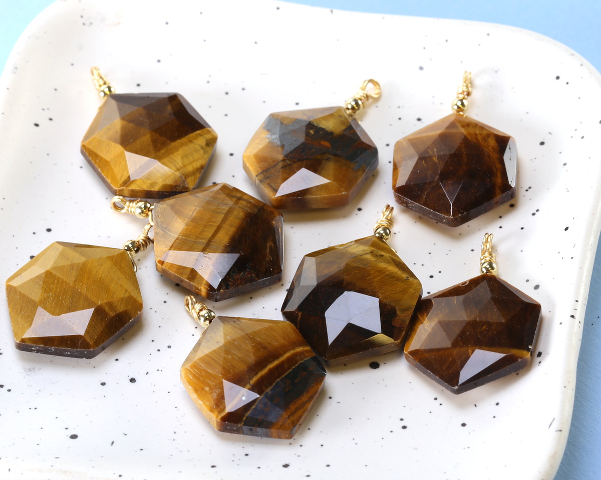 Tiger Eye w/ Gold Finish Faceted Hexagon Wire Wrapped Pendant 20x25mm