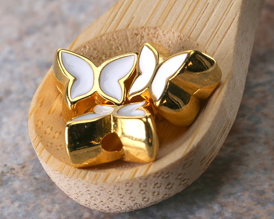 24K Gold (plated) White Enamel Butterfly Bead 7x9mm