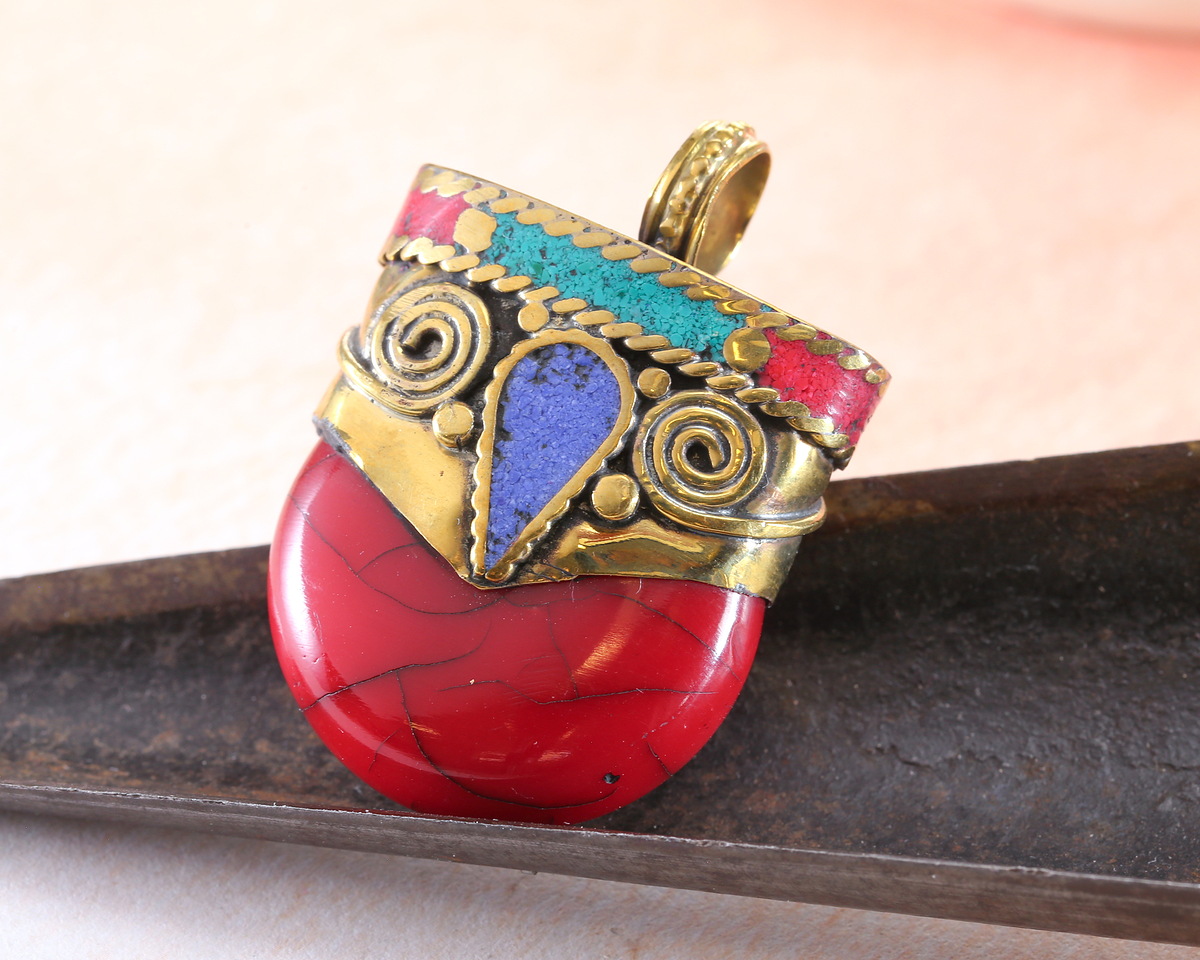 Nepalese Coral Shell & Brass w/ Turquoise, Lapis, & Coral Pendant 28-30x40-42mm