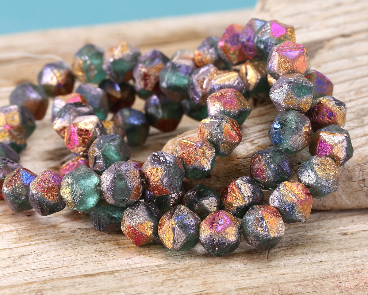 Czech Glass Textured Sea Green w/ Rainbow Metallic English Cut Bead 7x8mm