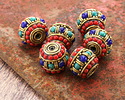 Nepalese Brass Turquoise, Lapis & Small Coral Dots Large Barrel Bead 15x17mm