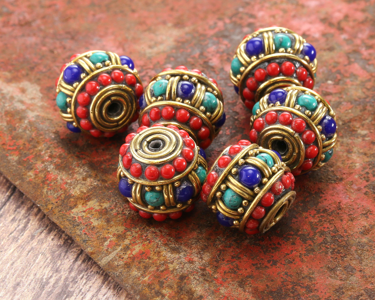 Nepalese Brass Turquoise, Lapis & Small Coral Dots Large Barrel Bead 15x17mm