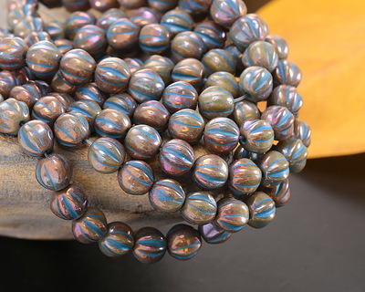 Czech Glass Bronze w/ Blue Wash Melon Round 6mm