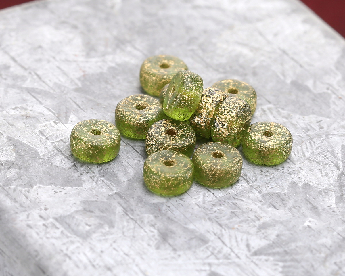 Czech Glass Textured Peridot w/ Gold Wash Heishi 3x6mm