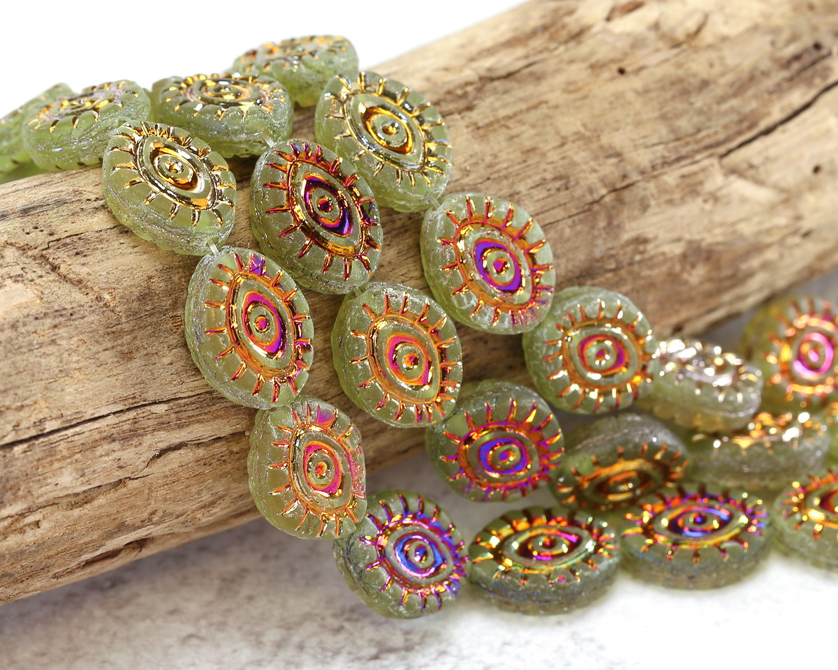 Czech Glass Matte Peridot w/ Metallic Rainbow Mystic Eye 14x11mm