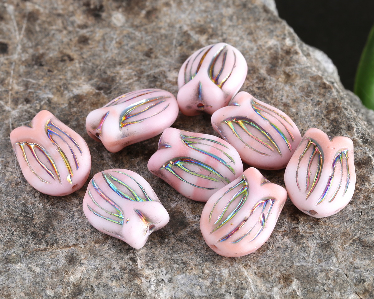 Czech Glass Matte Peppermint Twist w/ Metallic Rainbow Tulip 16x12mm