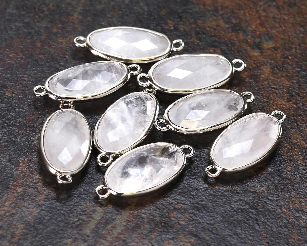 Rock Crystal Quartz Faceted Puff Oval Link w/ Silver Finish Bezel 12x20mm