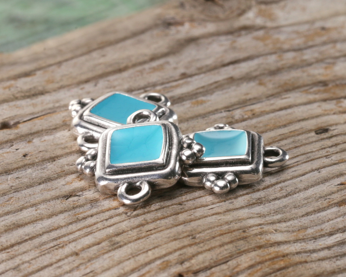 Antique Silver (plated) Turquoise Enamel Beaded Square Focal Link 15x14.5mm