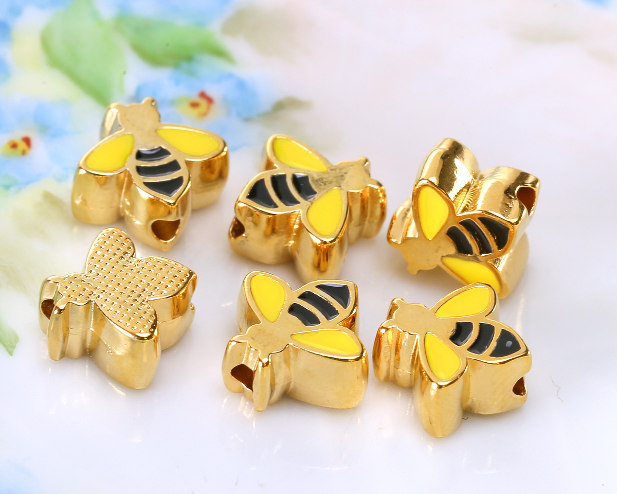 24K Gold (plated) Enamel Bee Bead 10x10.8mm