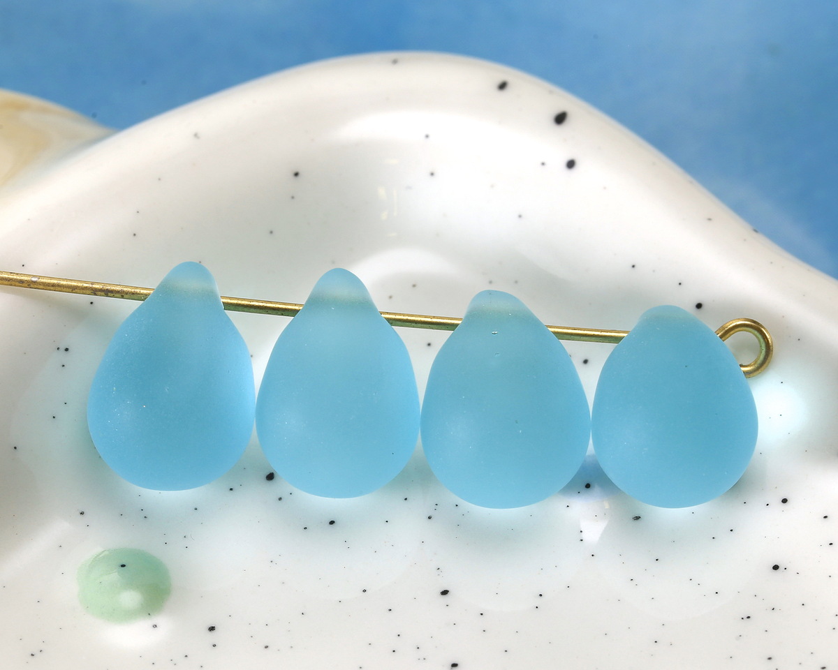 Light Aqua Seafoam Beach-Style Glass Teardrop Focal 14x10mm