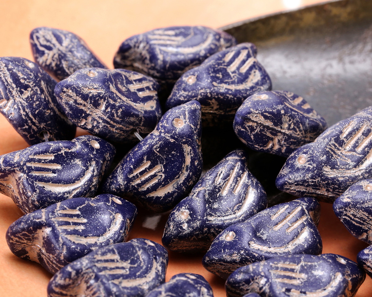 Czech Glass Dark Indigo w/ Platinum Bird 11x22mm