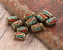 Nepalese Brass w/ Coral & Turquoise Mosaic Drops Long Tube Bead 12x9mm