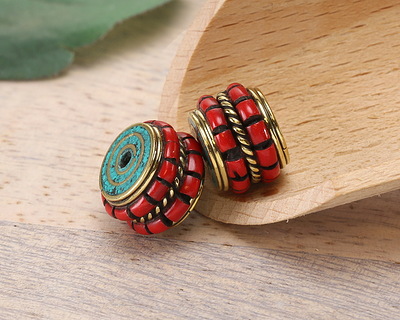 Nepalese Brass w/ Turquoise Ends & Coral Dots Double Banded Barrel Bead 9-10x13-14mm