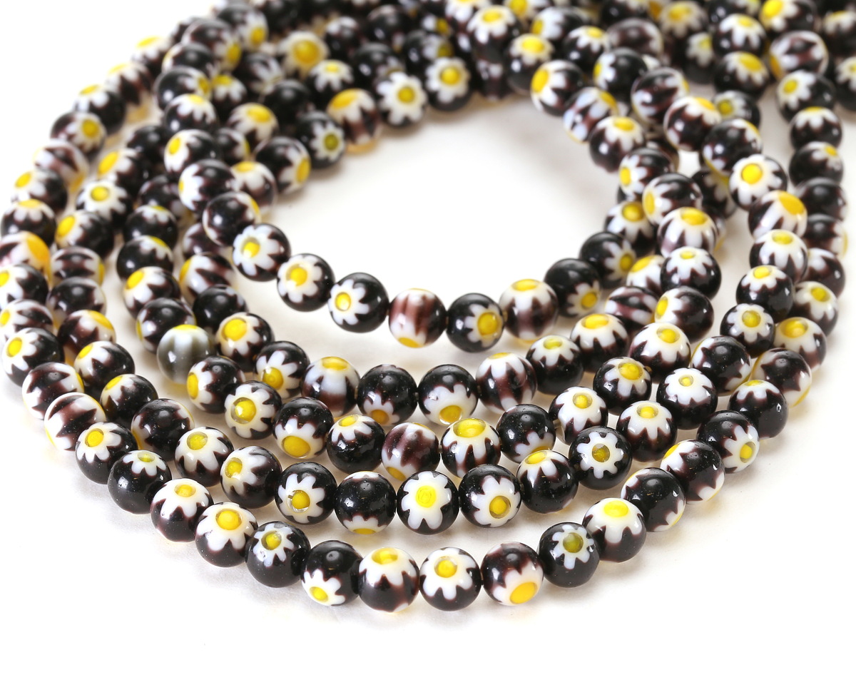 Millefiori Glass Black w/ White Daisy Round 6mm