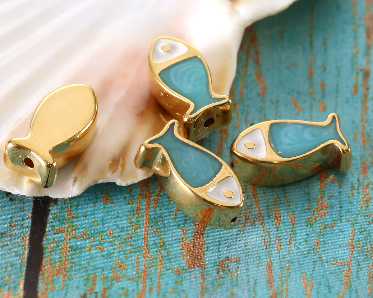 24K Gold (plated) White & Turquoise Pearl Enamel Fish Bead 15x7mm