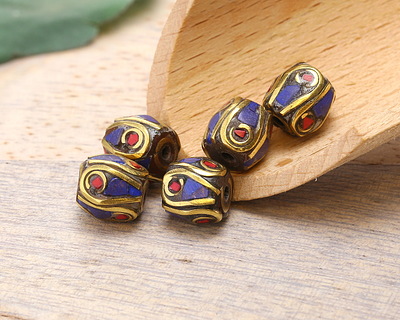 Nepalese Brass Bead w/ Coral Dots & Lapis Mosaic Plumes 8x9mm
