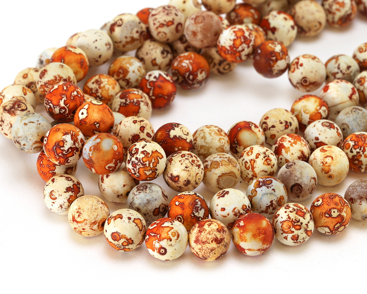 Tibetan (Dzi) Agate Matte Rust & White Molten Pattern Round 12mm