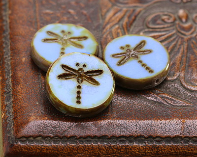 Czech Glass Cornflower Blue Picasso Dragonfly Coin 17mm