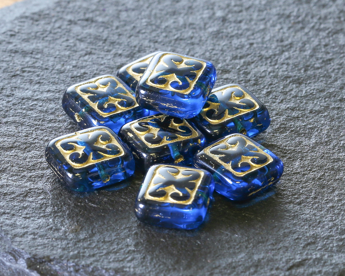 Czech Glass Capri Blue w/ Gold Ornamental Rectangle 11x12mm