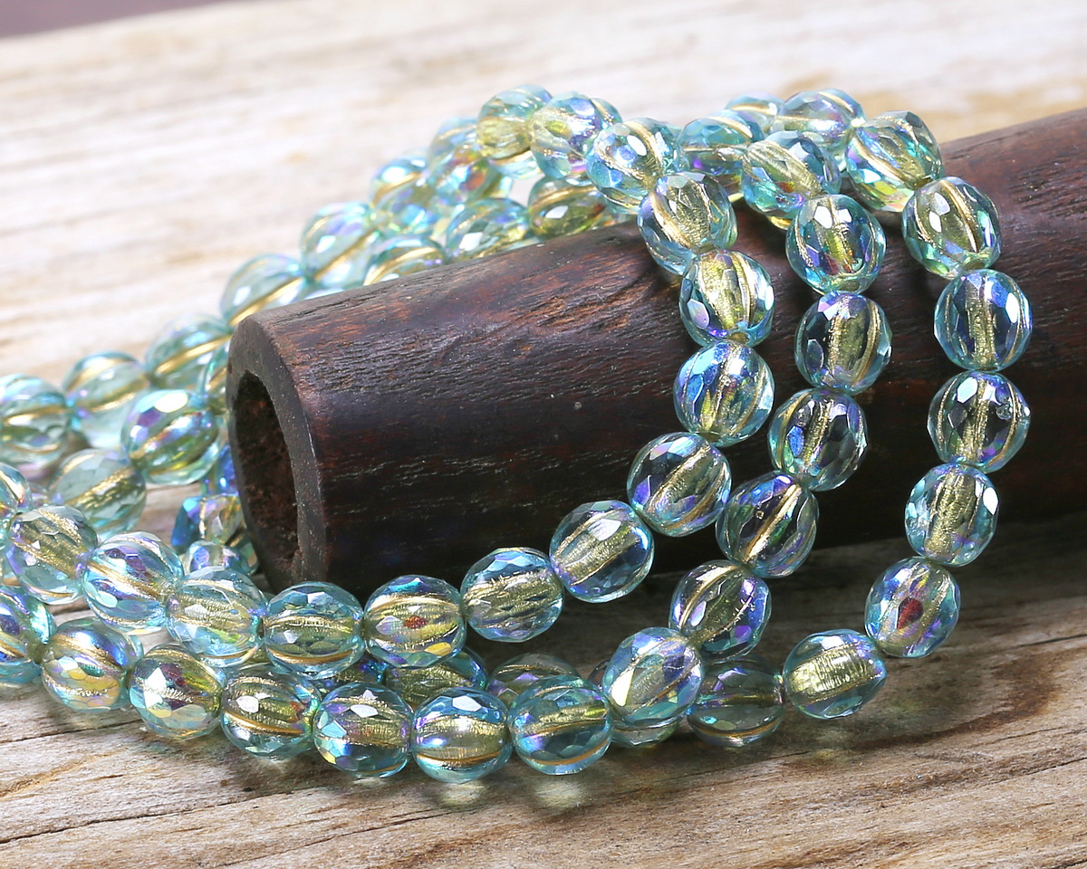 Czech Glass Aquamarine AB w/ Gold Faceted Melon Round 6mm