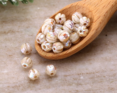 Czech Glass Ivory AB w/ Platinum Faceted Melon Round 6mm