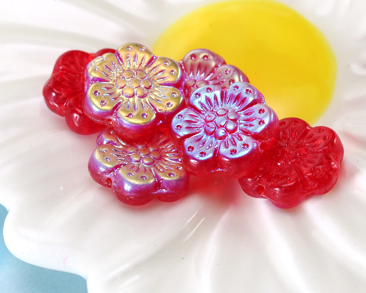 Czech Glass Ruby AB Wild Rose Coin 13mm