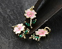 18k Gold (plated) Pink Enamel Blossom w/ Green Crystal Leaves Focal 8x16.5mm