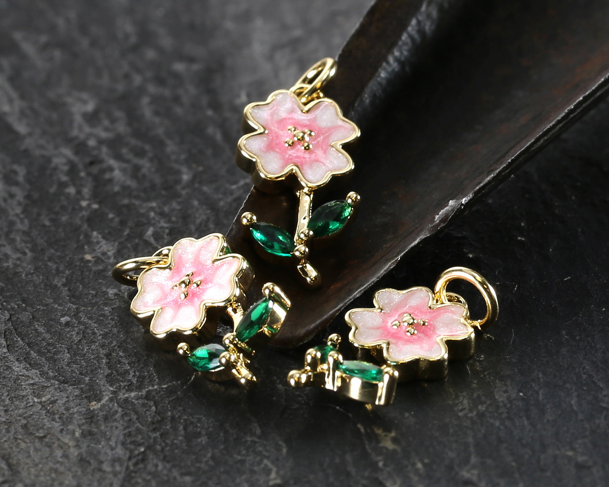 18k Gold (plated) Pink Enamel Blossom w/ Green Crystal Leaves Focal 8x16.5mm