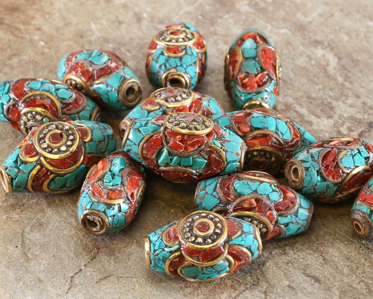 Nepalese Brass Rice Bead w/ Coral & Turquoise Mosaic 25x14mm
