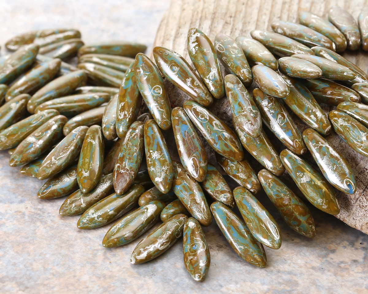 Czech Glass Blue Turquoise w/ Silver Picasso Dagger 5x16mm