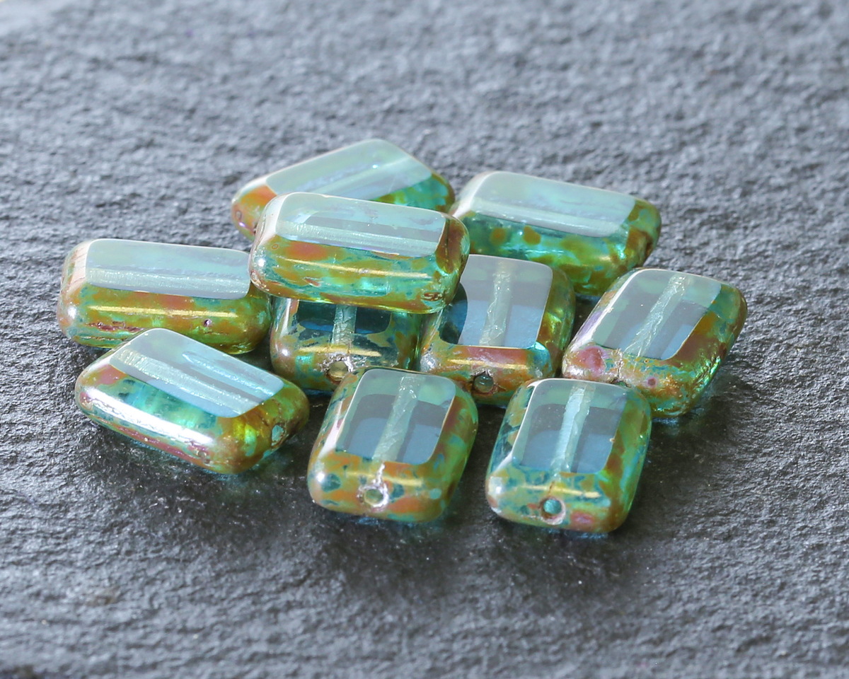 Czech Glass Aquamarine Picasso Rectangle 12x8mm