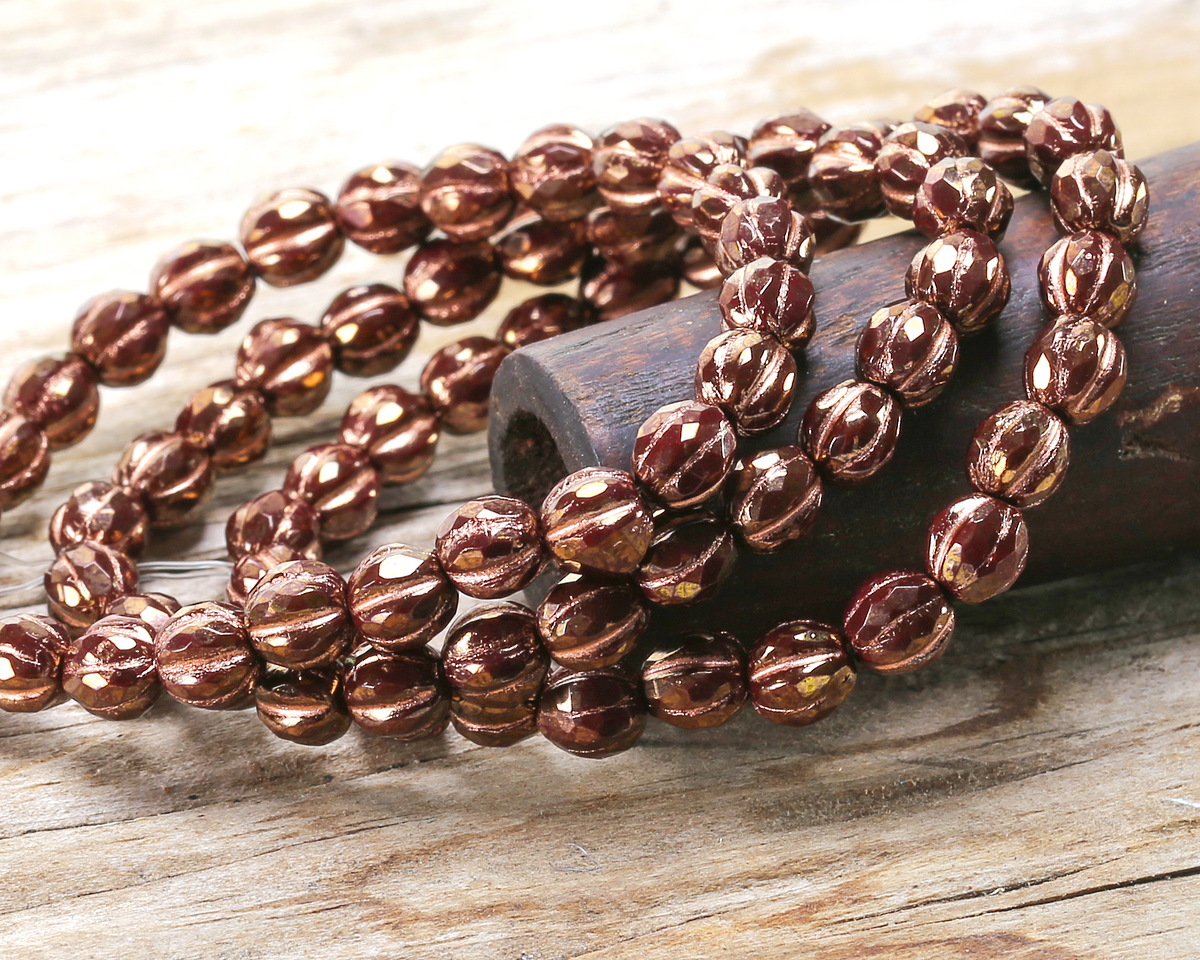 Czech Glass Bronze w/ Copper Wash Faceted Melon Round 6mm