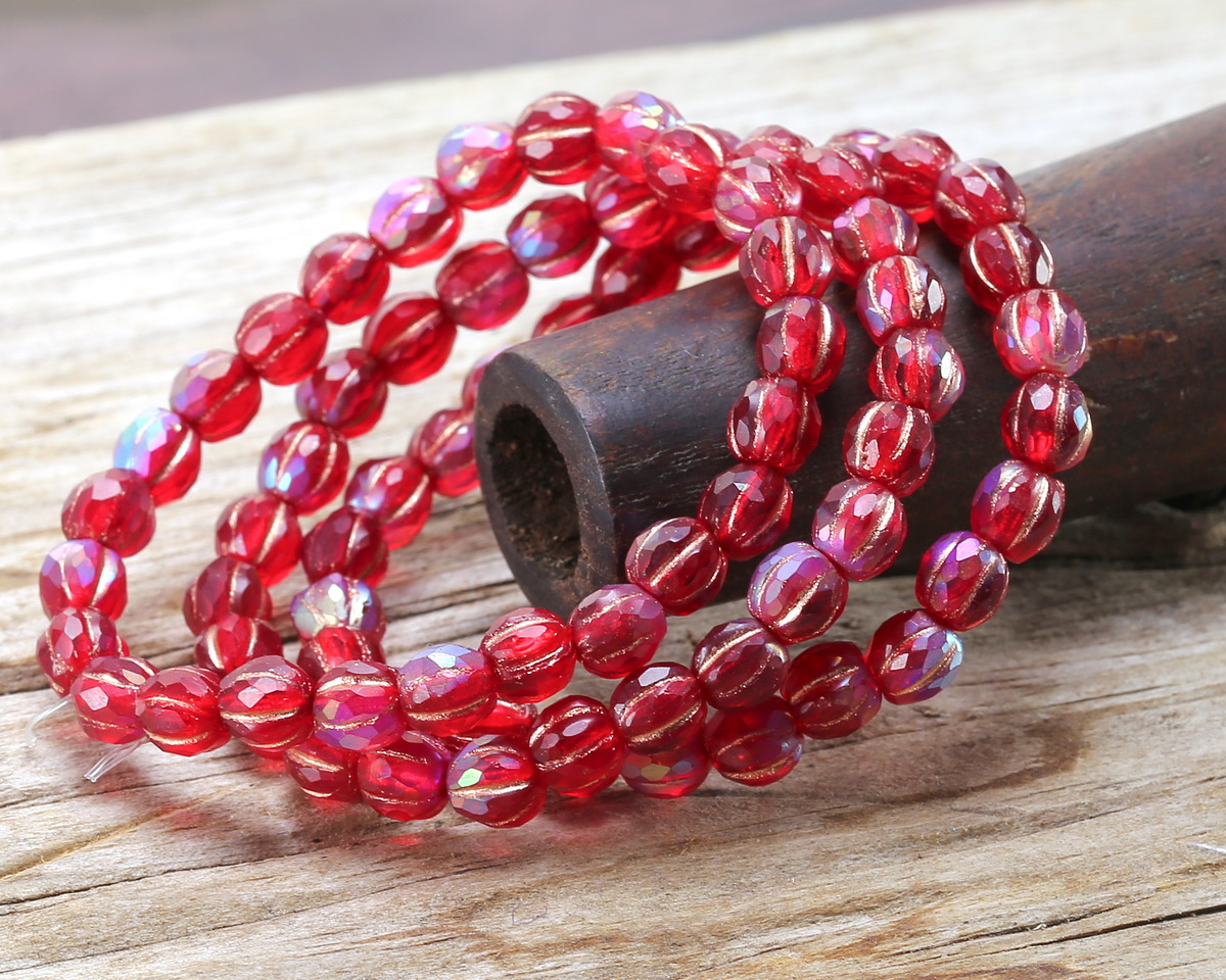 Czech Glass Matte Ruby Red AB w/ Copper Faceted Melon 6mm