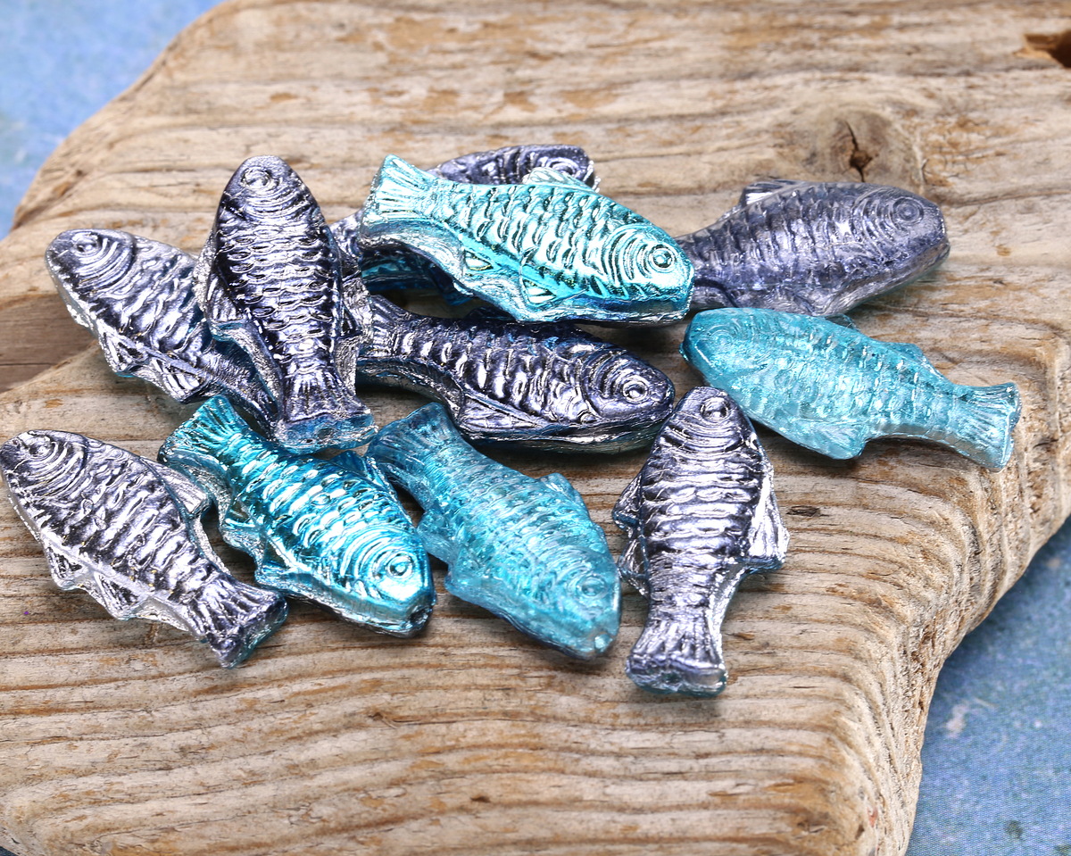 Czech Glass Turquoise & Navy AB Trout Fish Bead 24x10mm