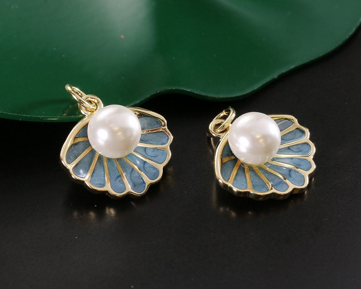 18k Gold (plated) Aqua Pearl Enamel Shell w/ Faux Pearl Focal 16x17mm
