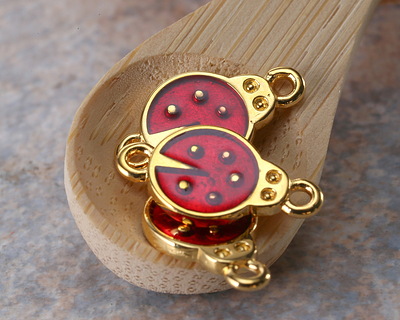24K Gold (plated) Transparent Ruby Enamel Ladybug Focal Link 17x9.5mm