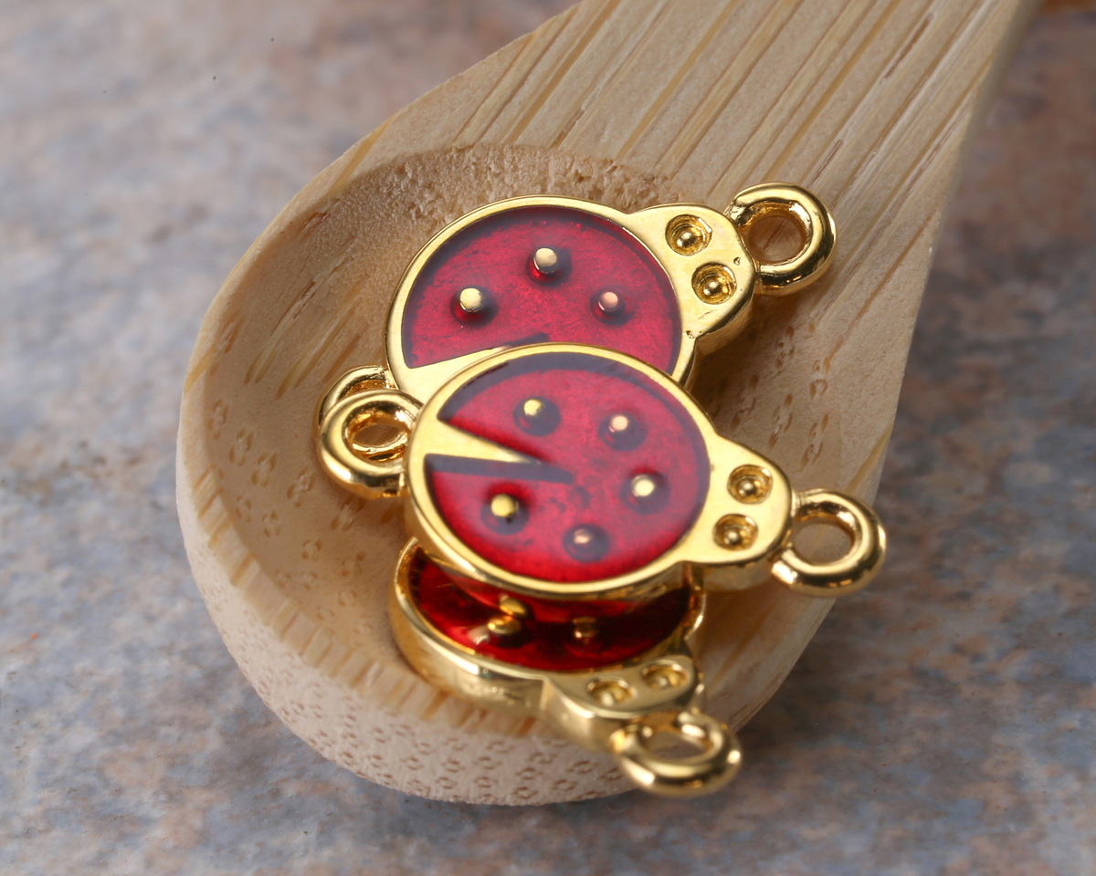 24K Gold (plated) Transparent Ruby Enamel Ladybug Focal Link 17x9.5mm