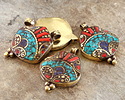 Nepalese Brass w/ Turquoise, Lapis & Coral Mosaic Pendant 29x41mm